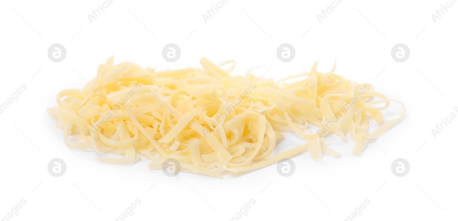 Photo of Pile of tasty grated cheese isolated on white