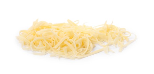 Photo of Pile of tasty grated cheese isolated on white