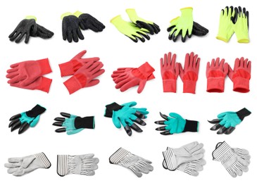 Image of Different gardening gloves isolated on white, set