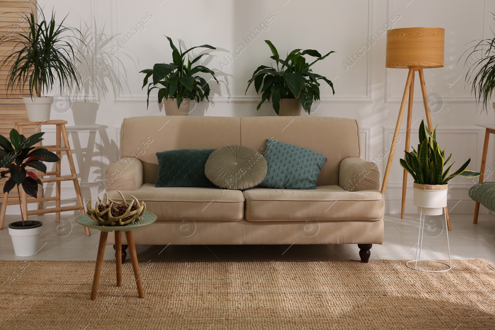 Photo of Stylish living room interior with comfortable sofa and cushions