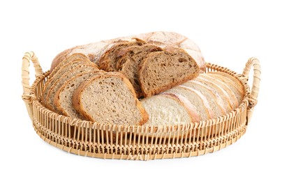 Different types of bread in wicker basket isolated on white