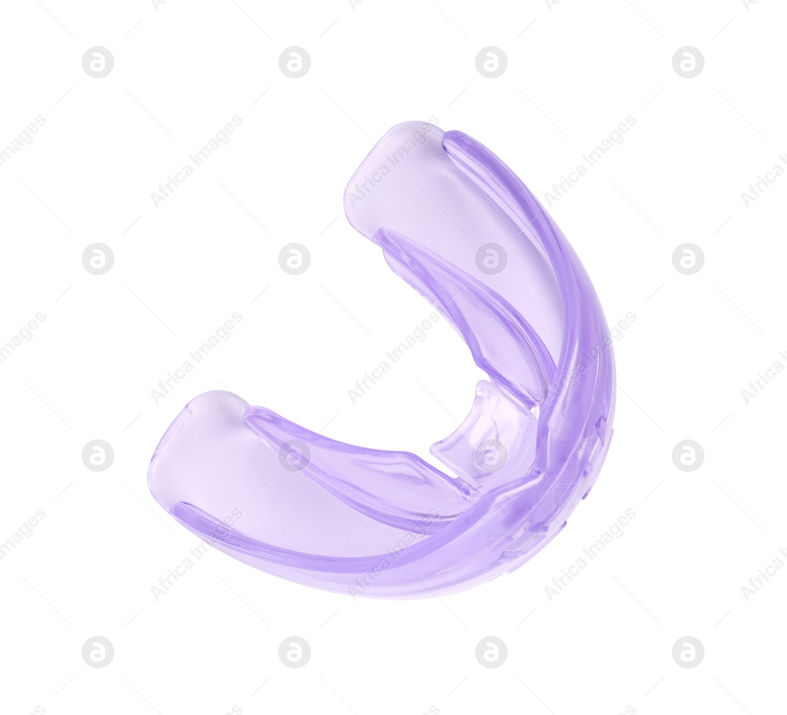 Photo of Transparent dental mouth guard isolated on white, top view. Bite correction