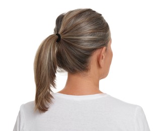 Mature woman with healthy skin on white background, back view