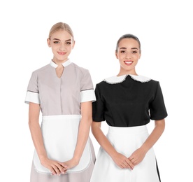 Portrait of young chambermaids on white background