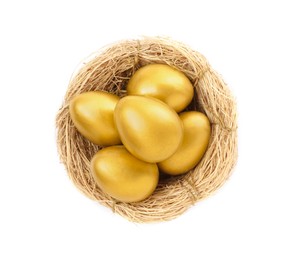 Shiny golden eggs in nest on white background, top view