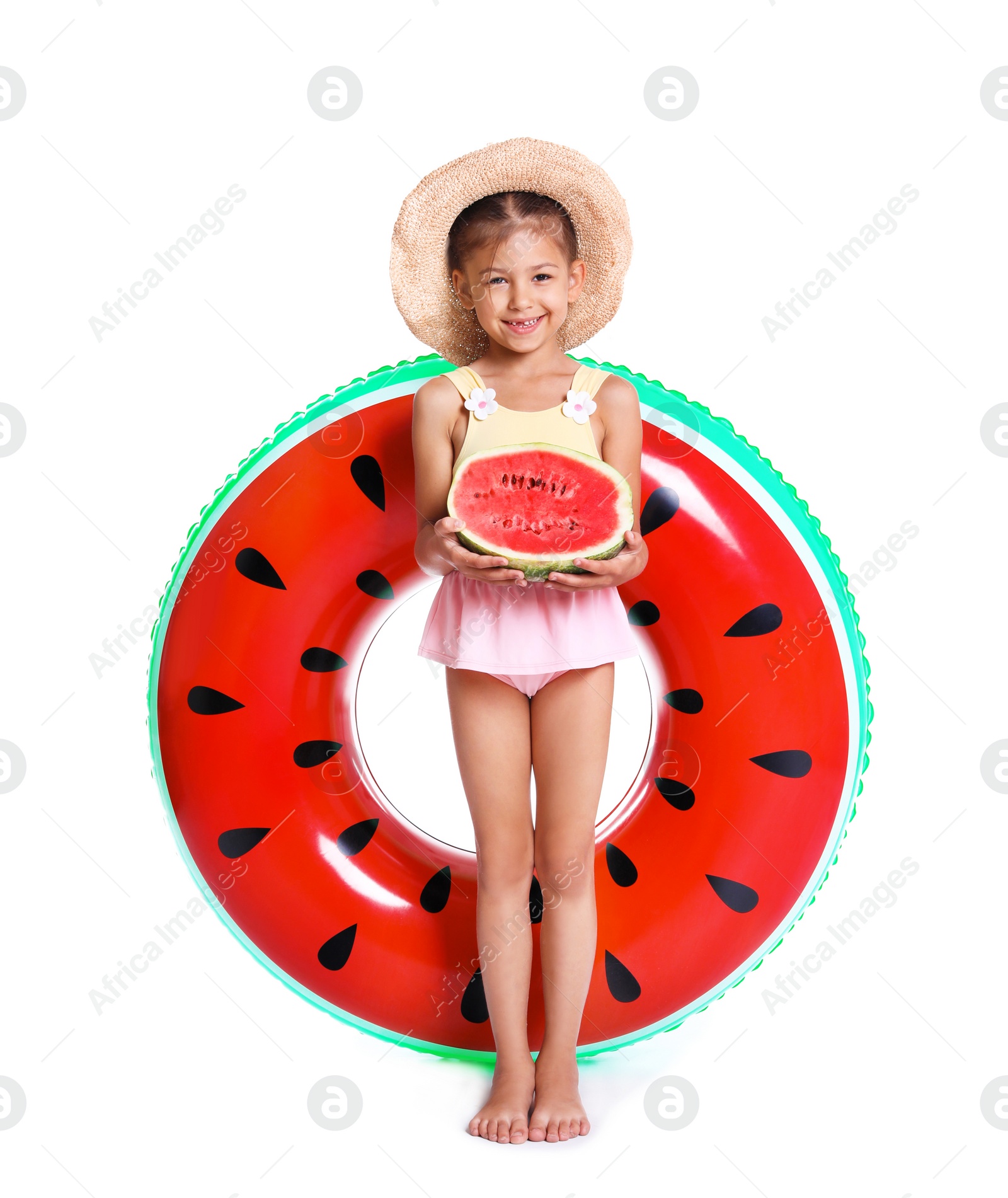 Photo of Cute little girl with inflatable ring and watermelon on white background