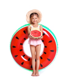 Photo of Cute little girl with inflatable ring and watermelon on white background