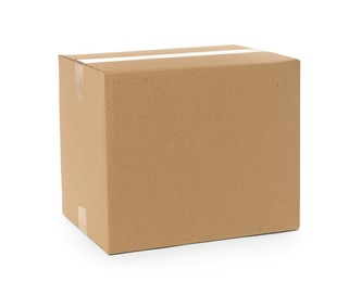 Photo of One closed cardboard box isolated on white. Delivery service