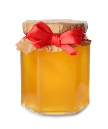 Photo of Tasty honey in glass jar isolated on white