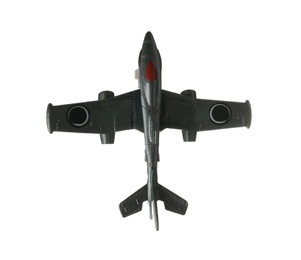 Modern toy military airplane on white background, top view