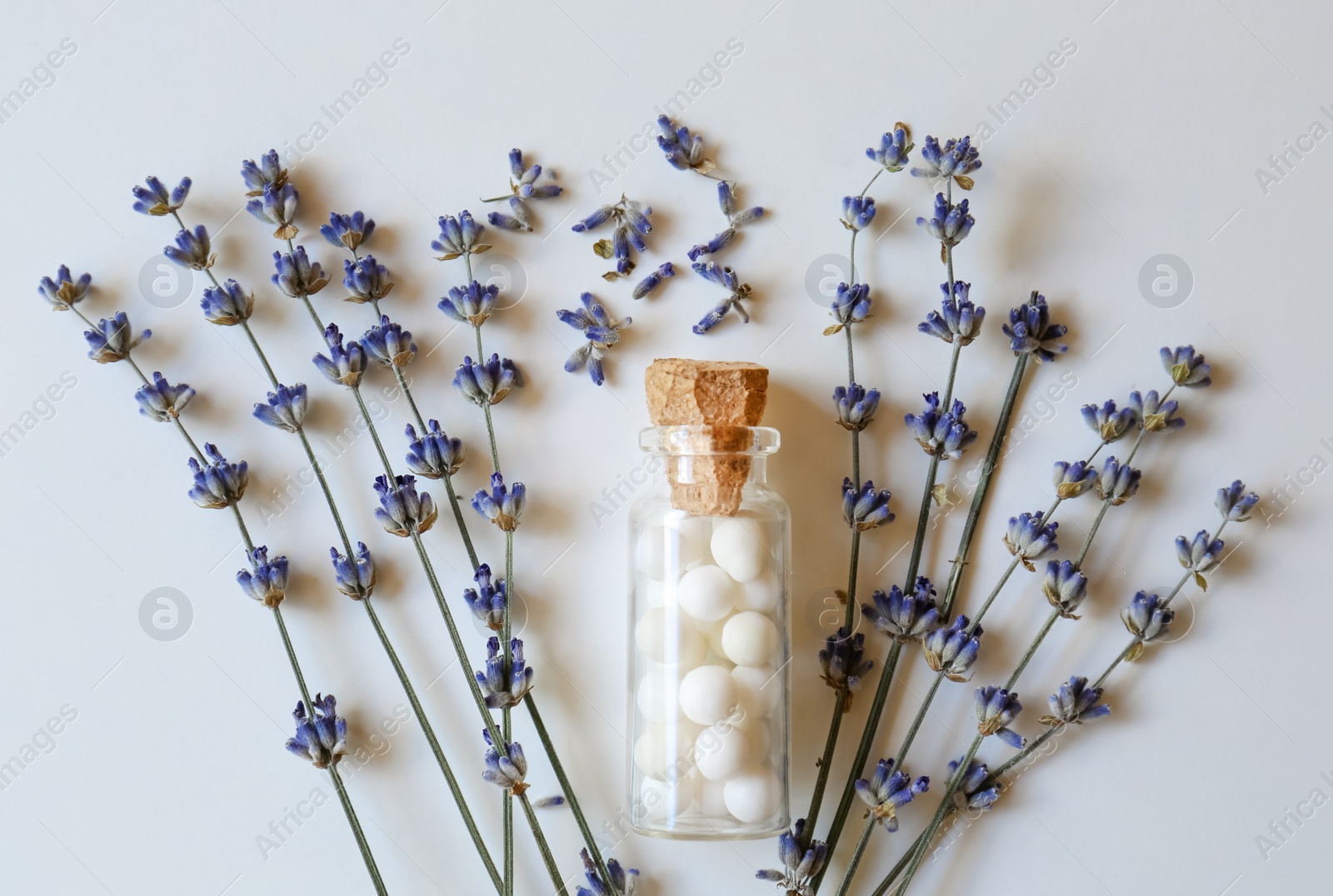Photo of Bottle of homeopathic remedy and lavender on white background, flat lay