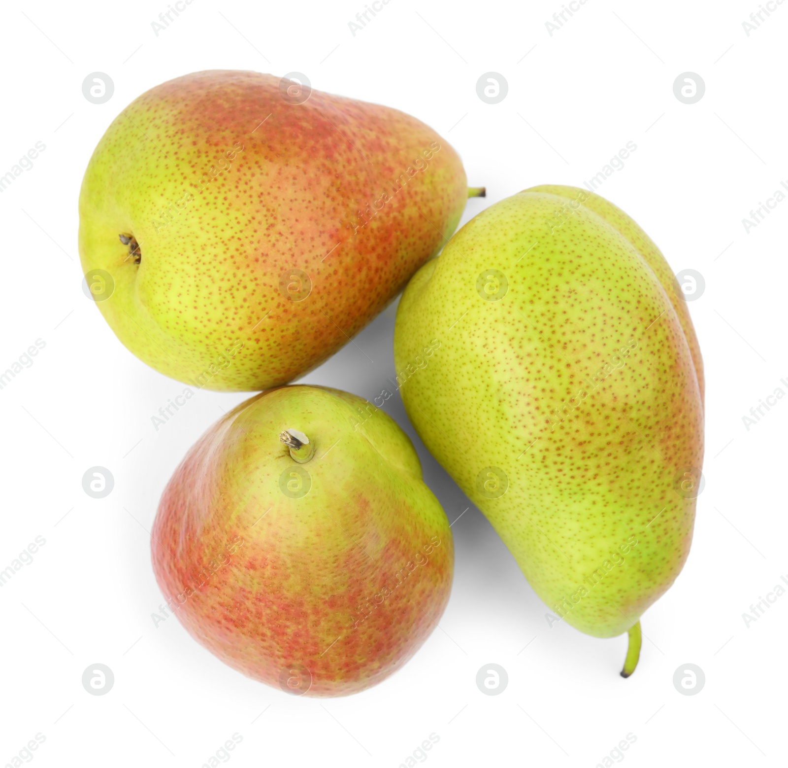 Photo of Fresh ripe juicy pears isolated on white, top view