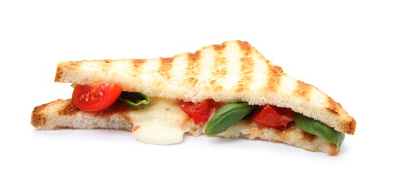 Photo of Delicious grilled sandwich with mozzarella, tomato and basil isolated on white
