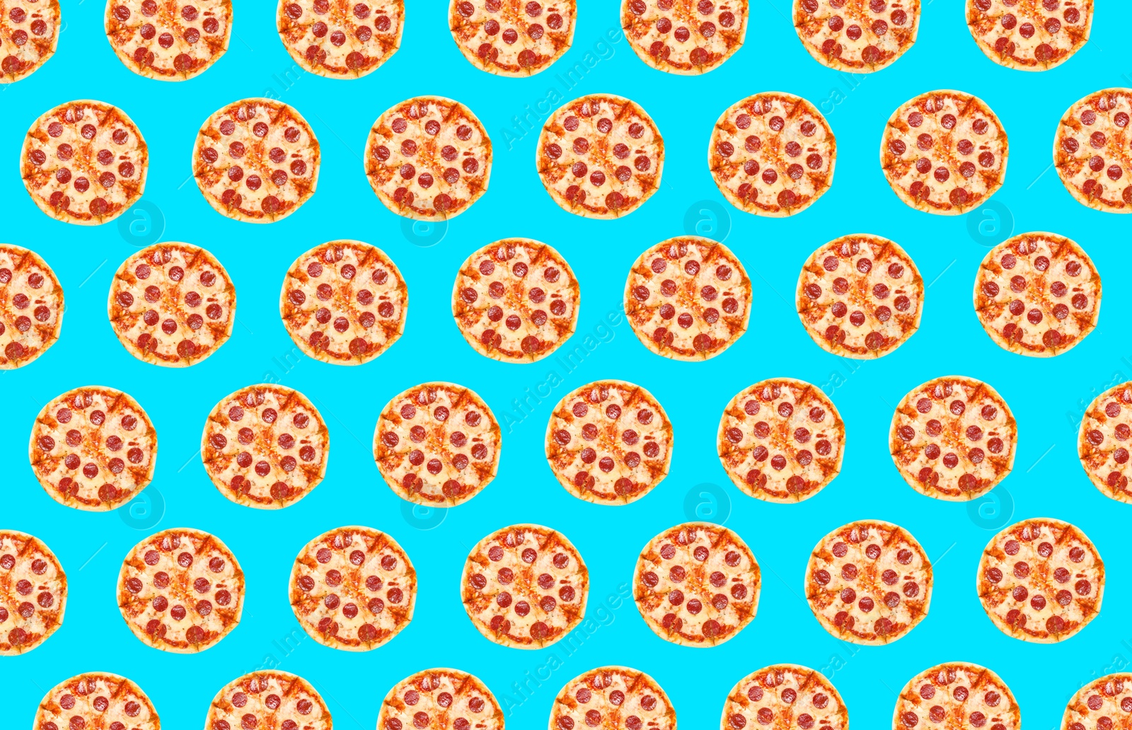 Image of Pepperoni pizza pattern design on light blue background