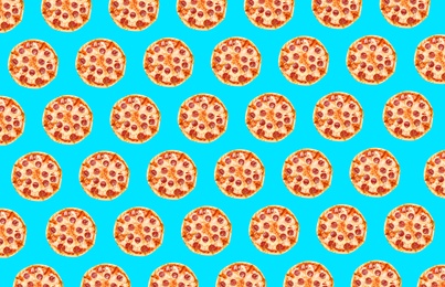Image of Pepperoni pizza pattern design on light blue background