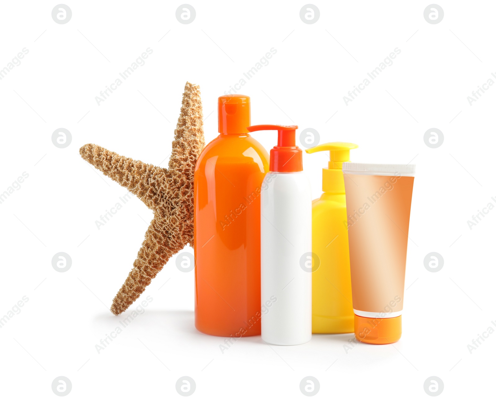 Photo of Composition with sun protection products on white background. Body care