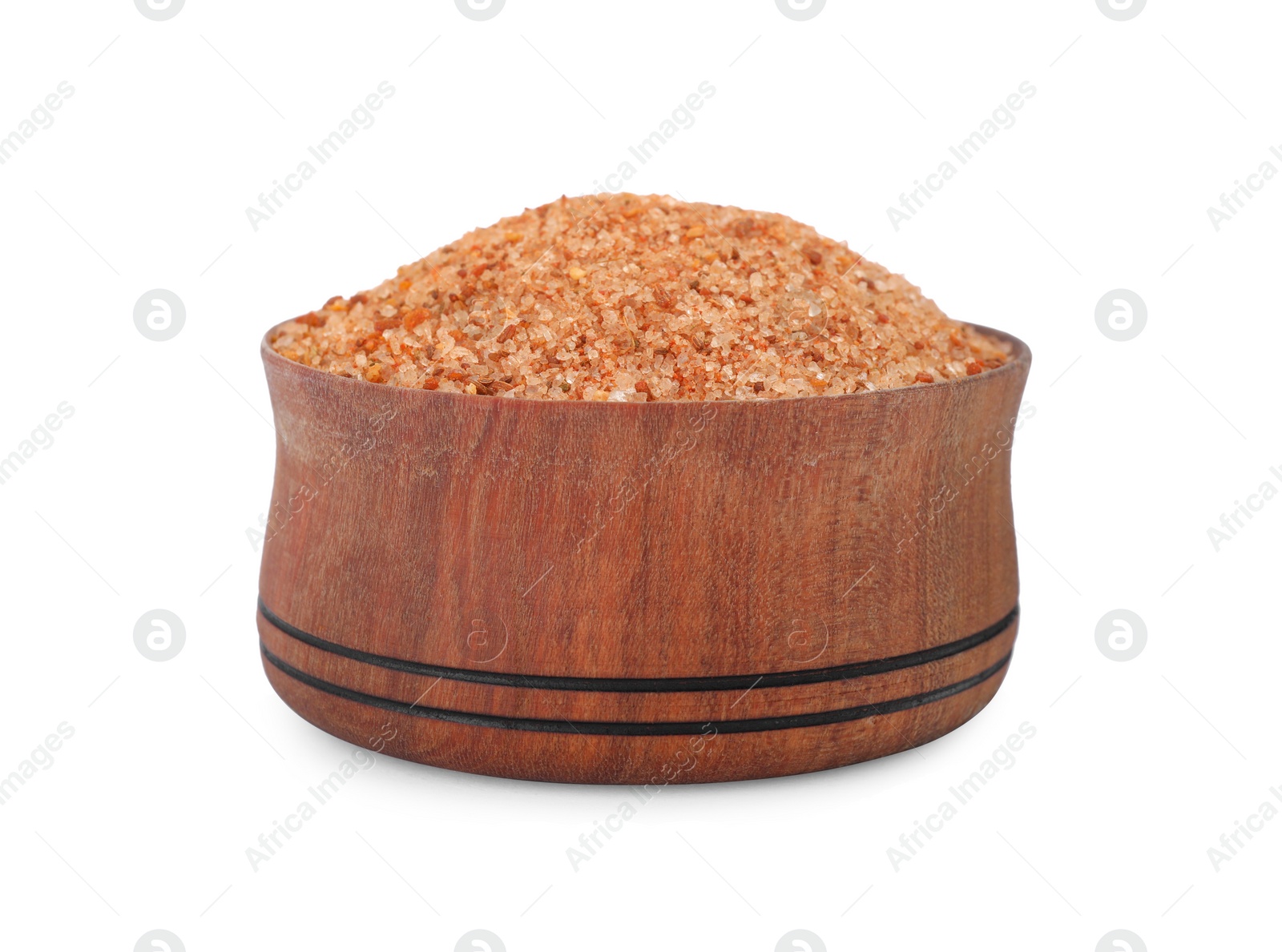 Photo of Pink salt with spices in wooden bowl isolated on white