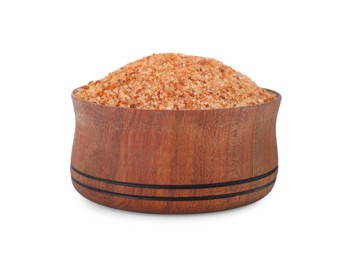 Photo of Pink salt with spices in wooden bowl isolated on white
