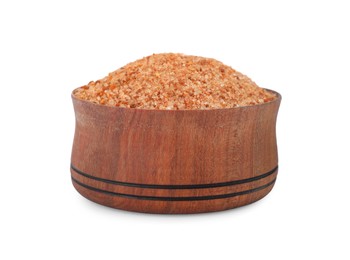 Pink salt with spices in wooden bowl isolated on white