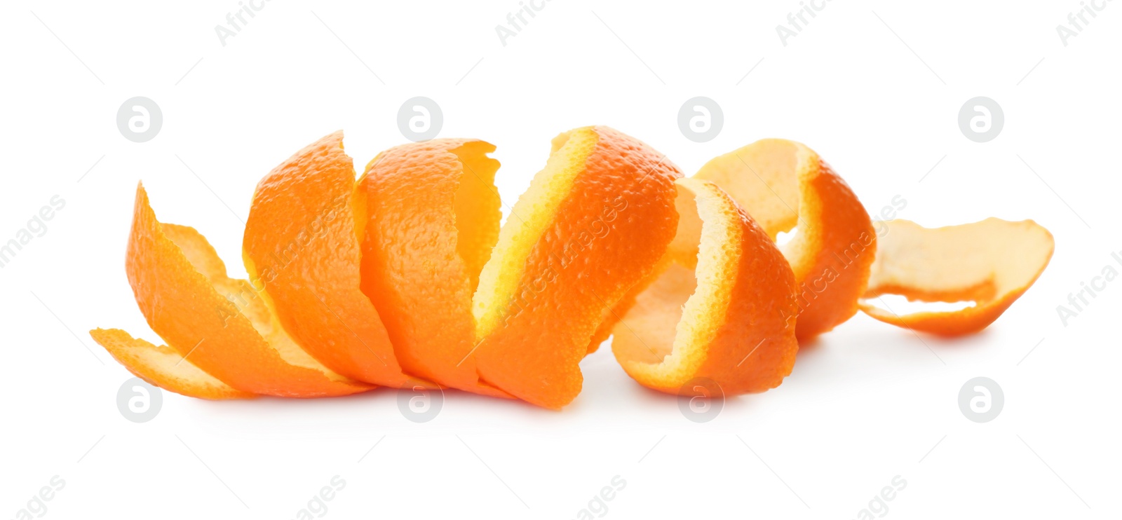 Photo of Spiral orange fruit peel isolated on white