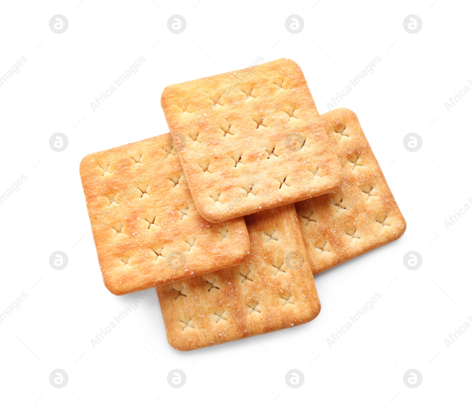 Photo of Delicious crispy crackers isolated on white, top view