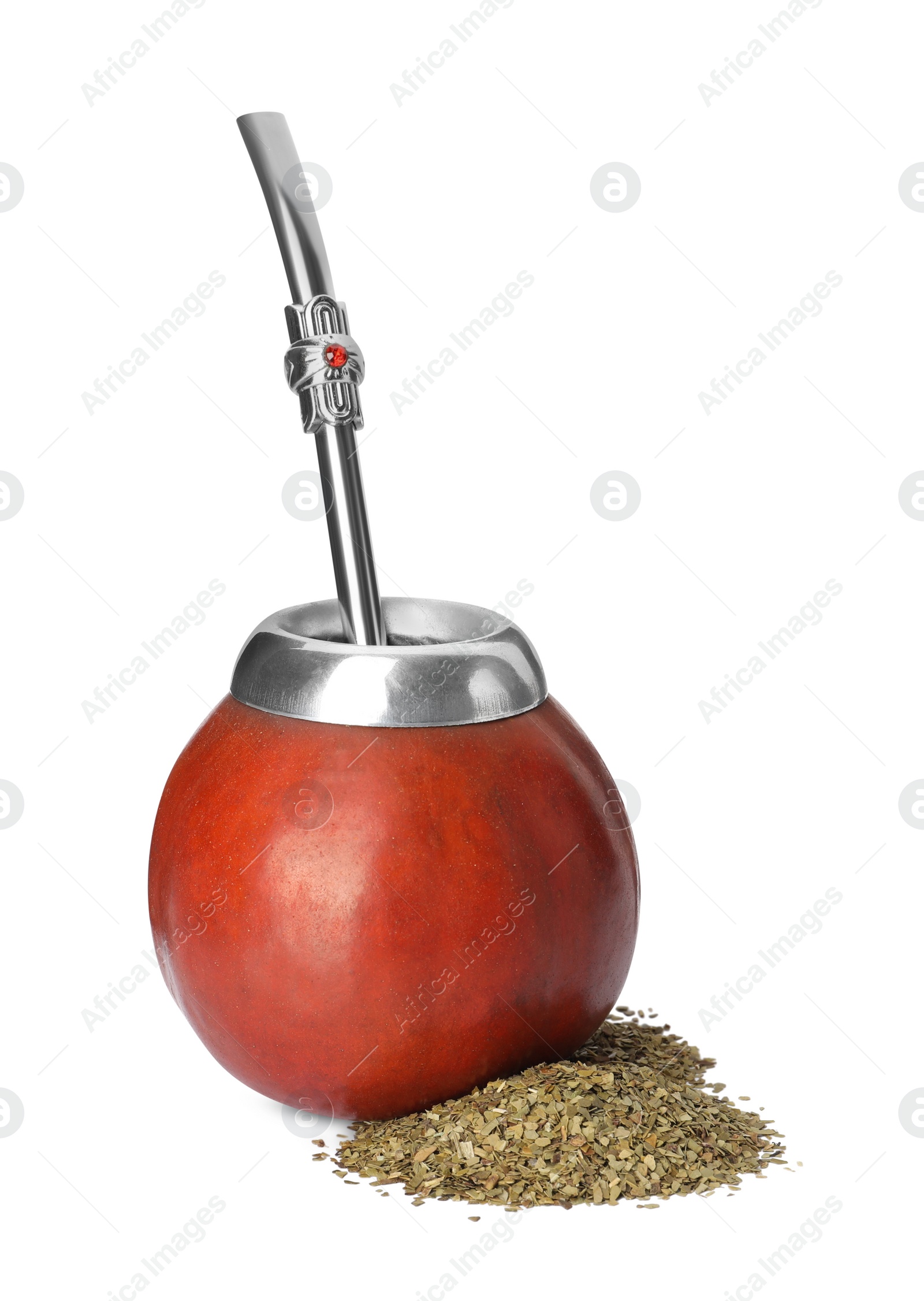 Photo of Calabash, bombilla and pile of mate tea on white background