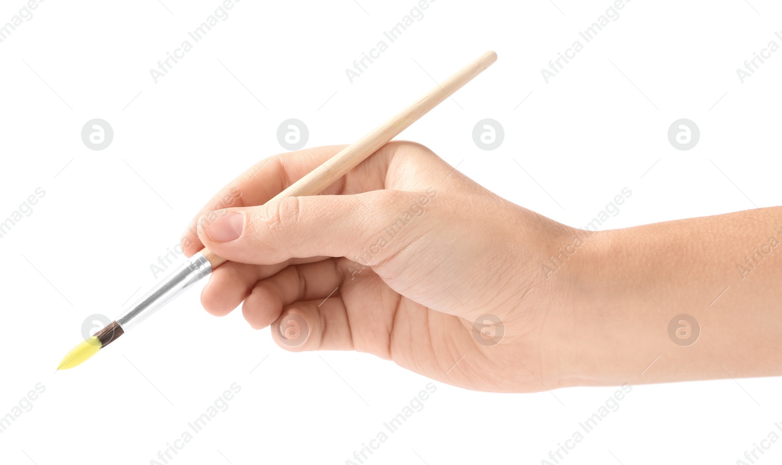 Photo of Young woman holding brush with color paint on white background, closeup