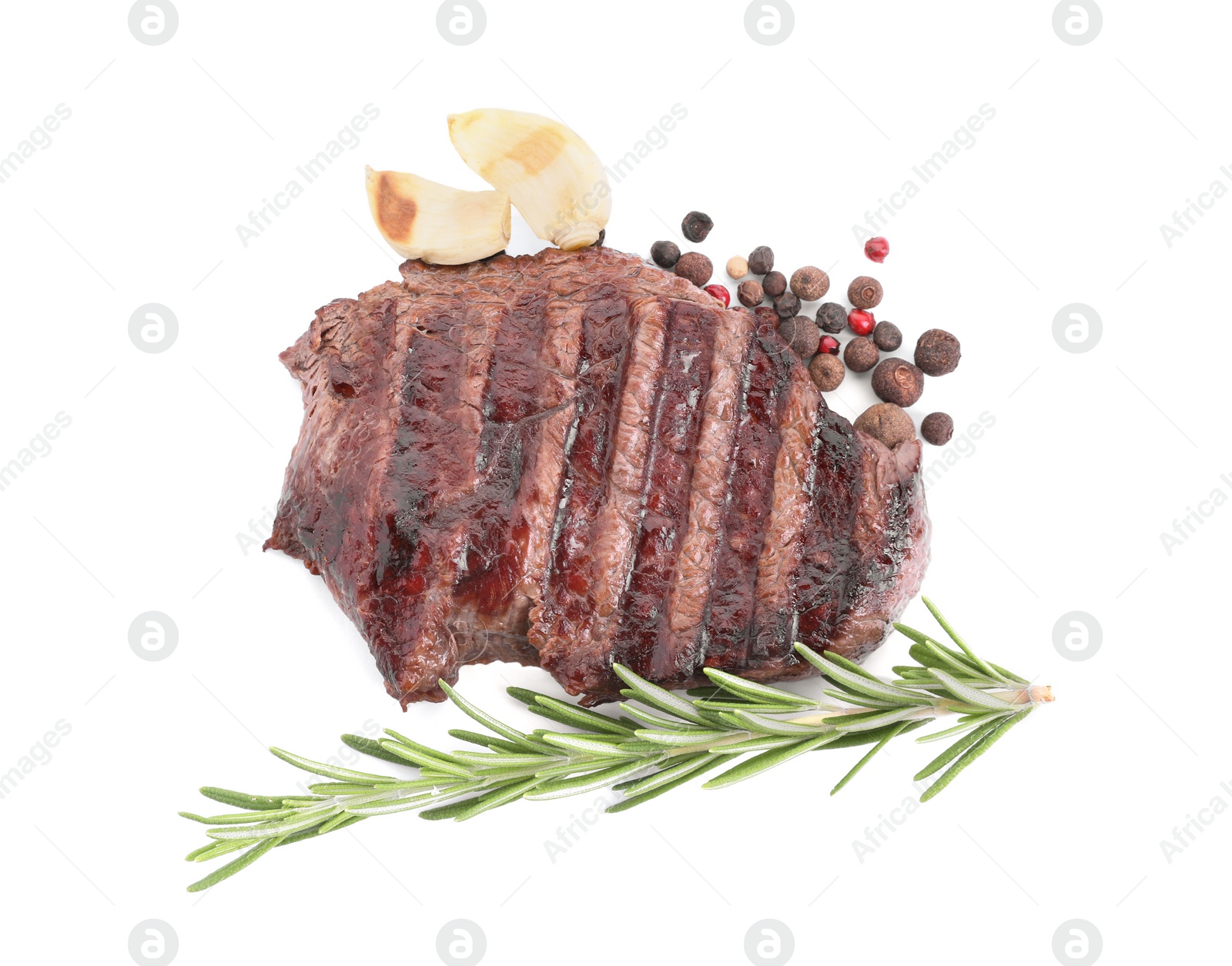 Photo of Piece of delicious grilled beef meat, rosemary and spices on white background, top view