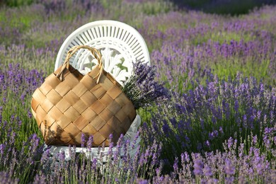 Photo of Wicker bag with beautiful lavender flowers on chair in field, space for text