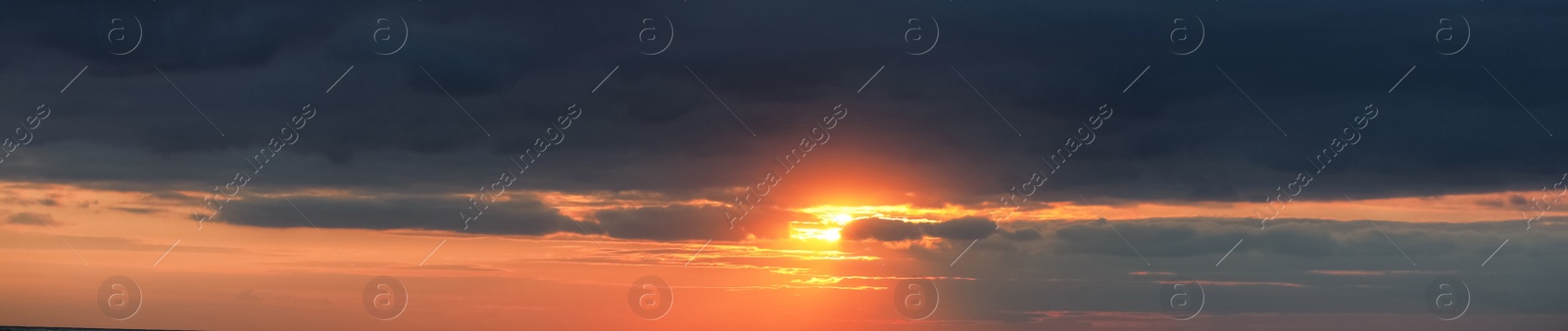 Image of Picturesque view of beautiful sky with clouds at sunset. Banner design