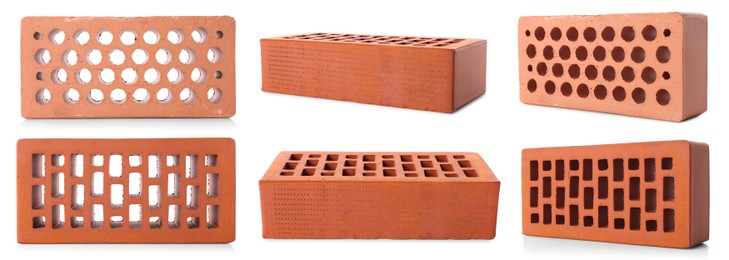 Set of red bricks on white background, different views