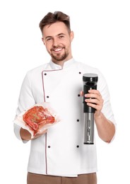 Photo of Smiling chef holding sous vide cooker and meat in vacuum pack on white background