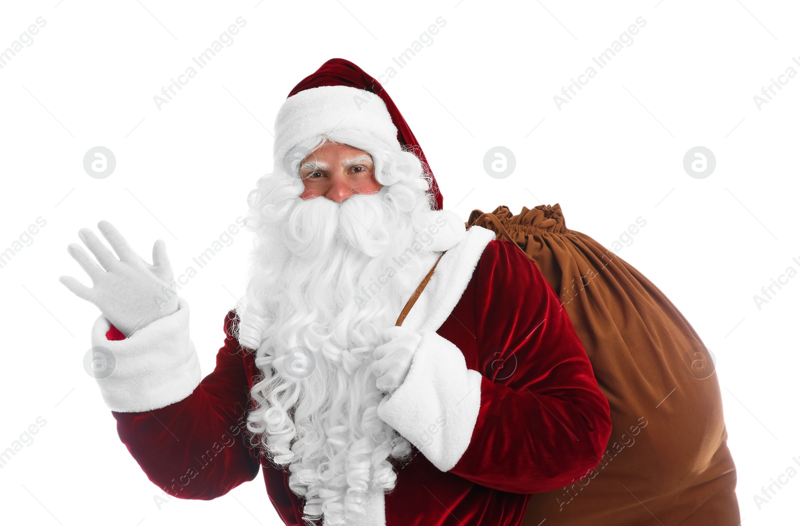 Photo of Santa Claus with sack on white background