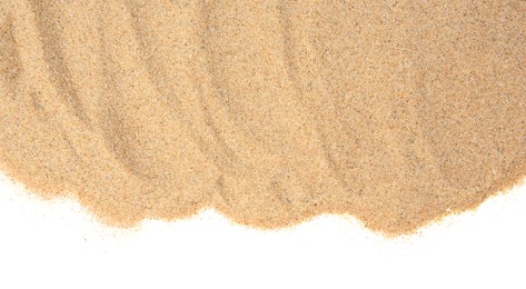 Photo of Dry beach sand isolated on white, top view