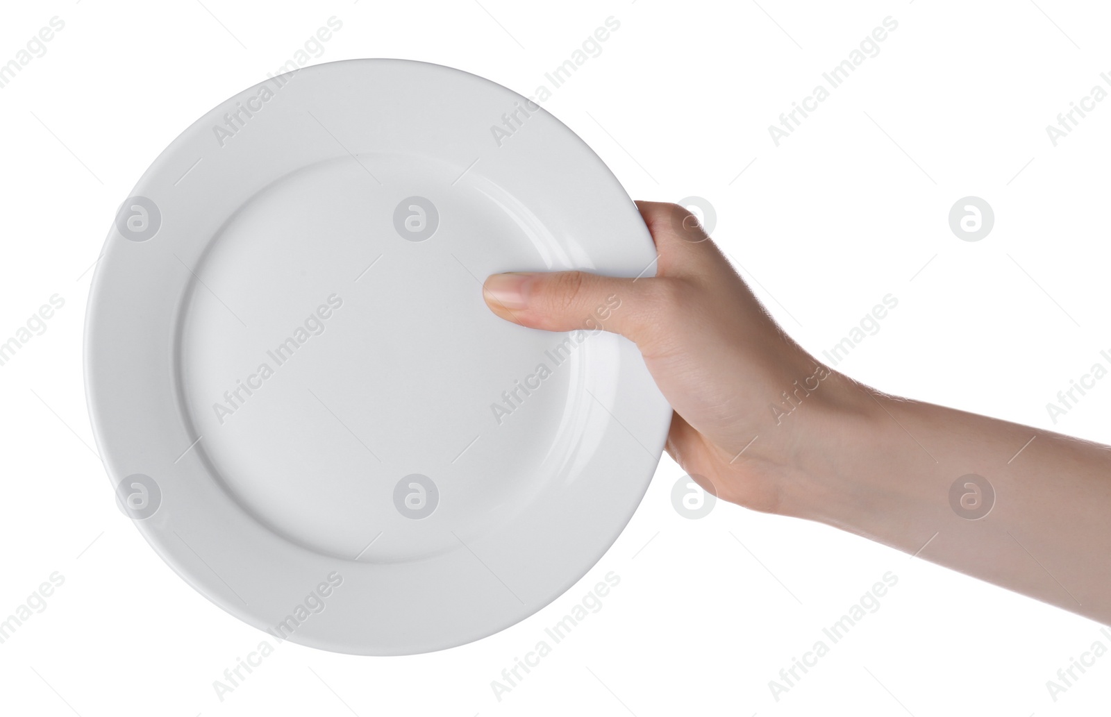 Photo of Woman holding clean ceramic plate isolated on white, closeup