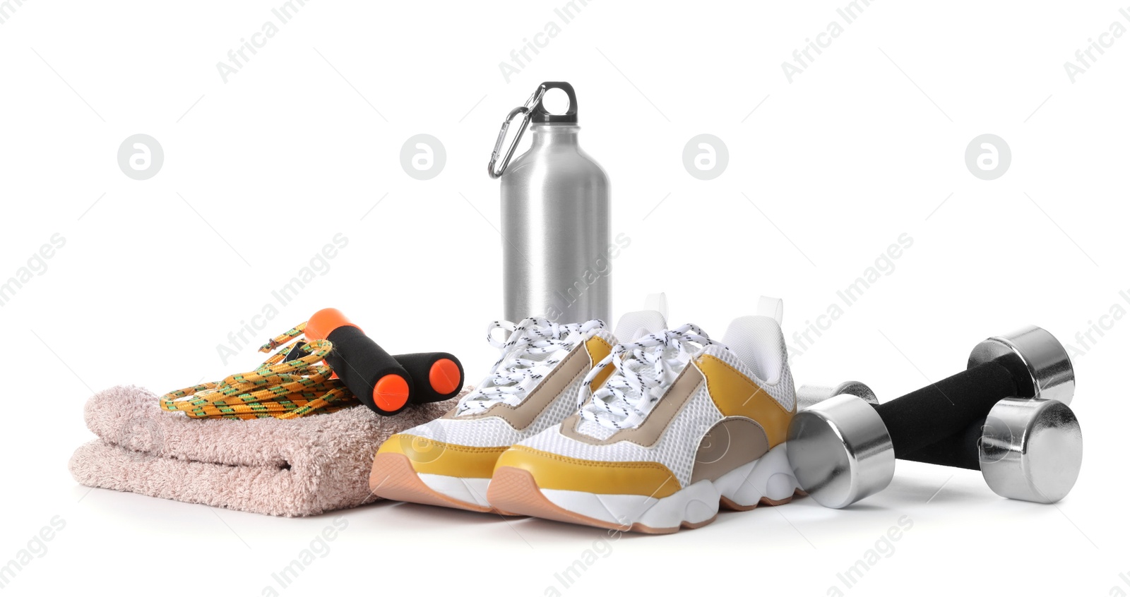 Photo of Composition with fitness gym equipment on white background