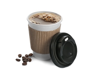 Photo of Aromatic coffee in takeaway paper cup with lid and beans on white background