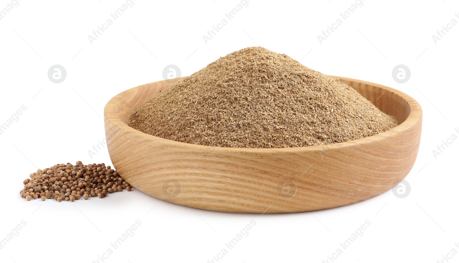 Photo of Wooden bowl with powdered coriander and corns on white background