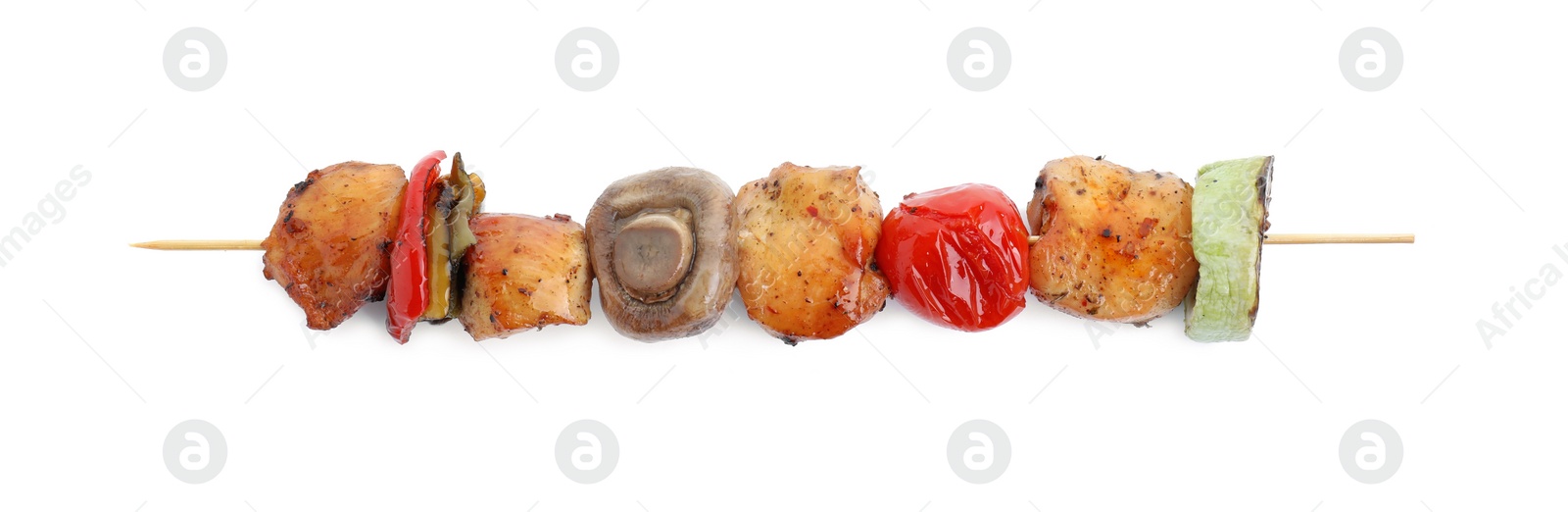 Photo of Delicious shish kebab with mushroom, tomato and zucchini isolated on white, top view