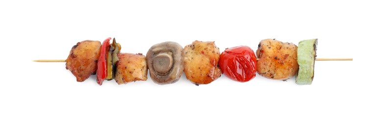 Photo of Delicious shish kebab with mushroom, tomato and zucchini isolated on white, top view