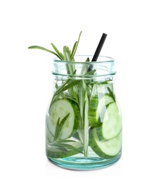 Photo of Natural lemonade with cucumber and rosemary in jar on white background