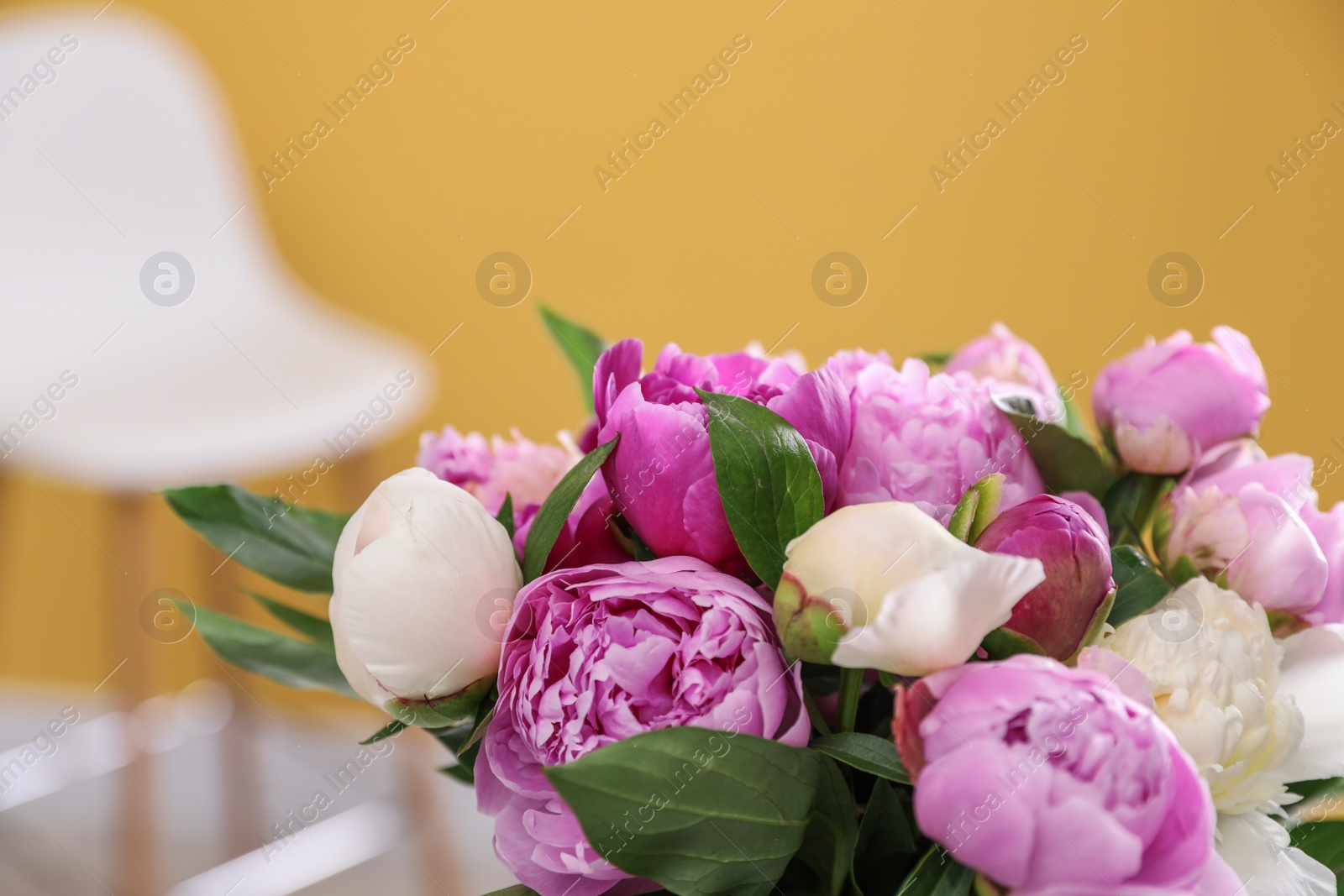 Photo of Bouquet of beautiful peonies in room, closeup