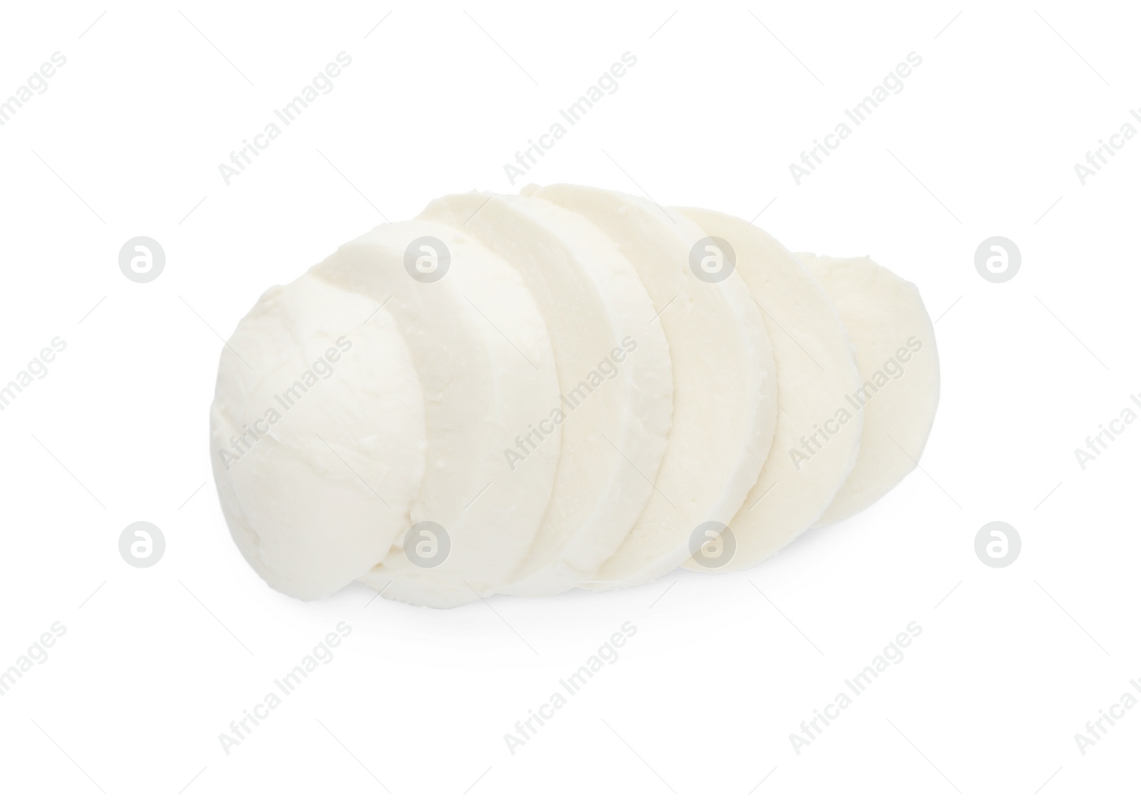 Photo of Delicious mozzarella cheese slices on white background, top view