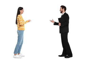 Image of Woman and businessman talking on white background. Dialogue