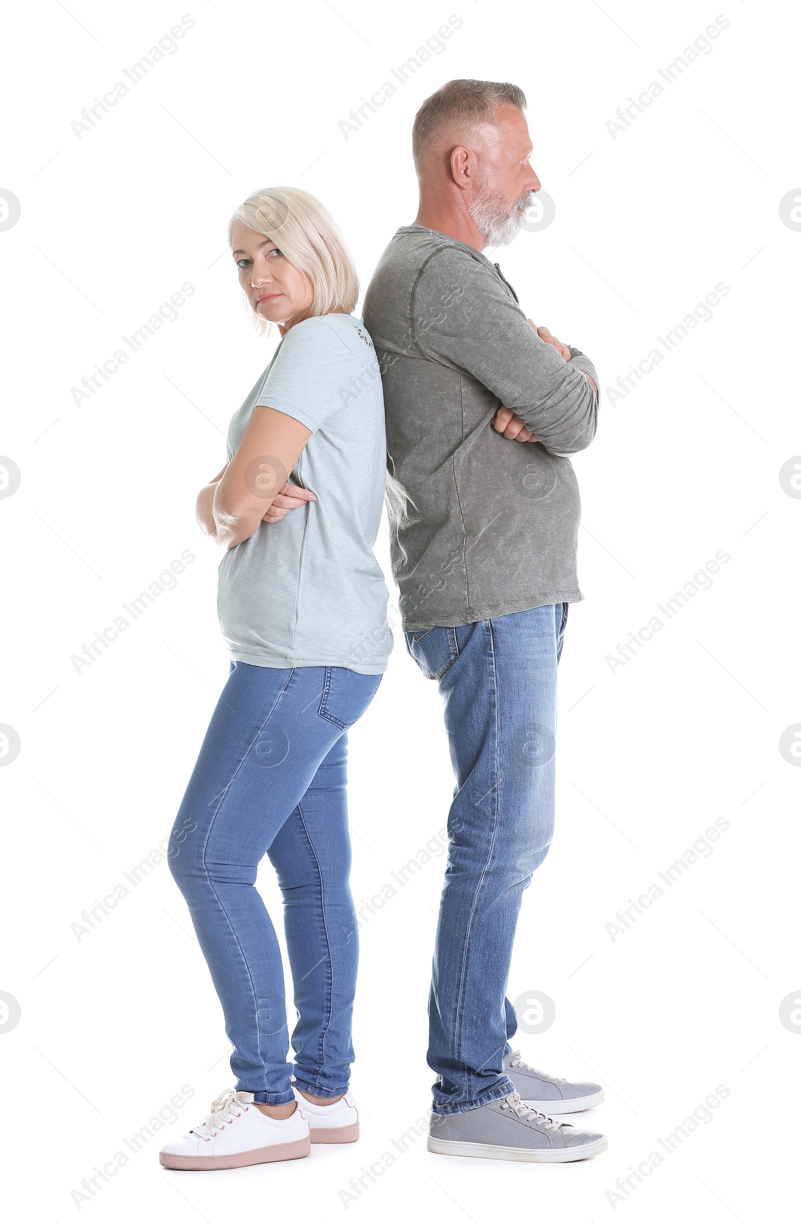 Photo of Upset mature couple on white background. Relationship problems