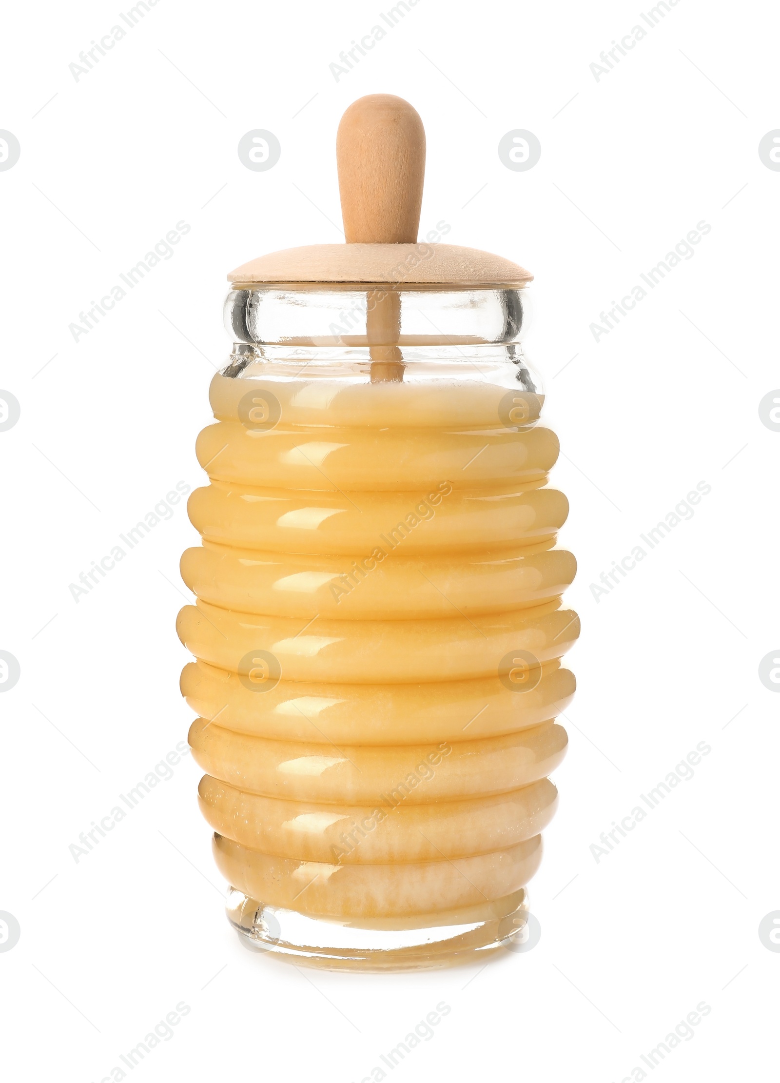 Photo of Jar with delicious honey on white background