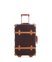 Photo of Fashionable brown suitcase on white background