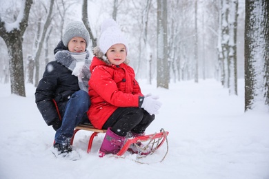 Cute little children enjoying sleigh ride outdoors on winter day, space for text