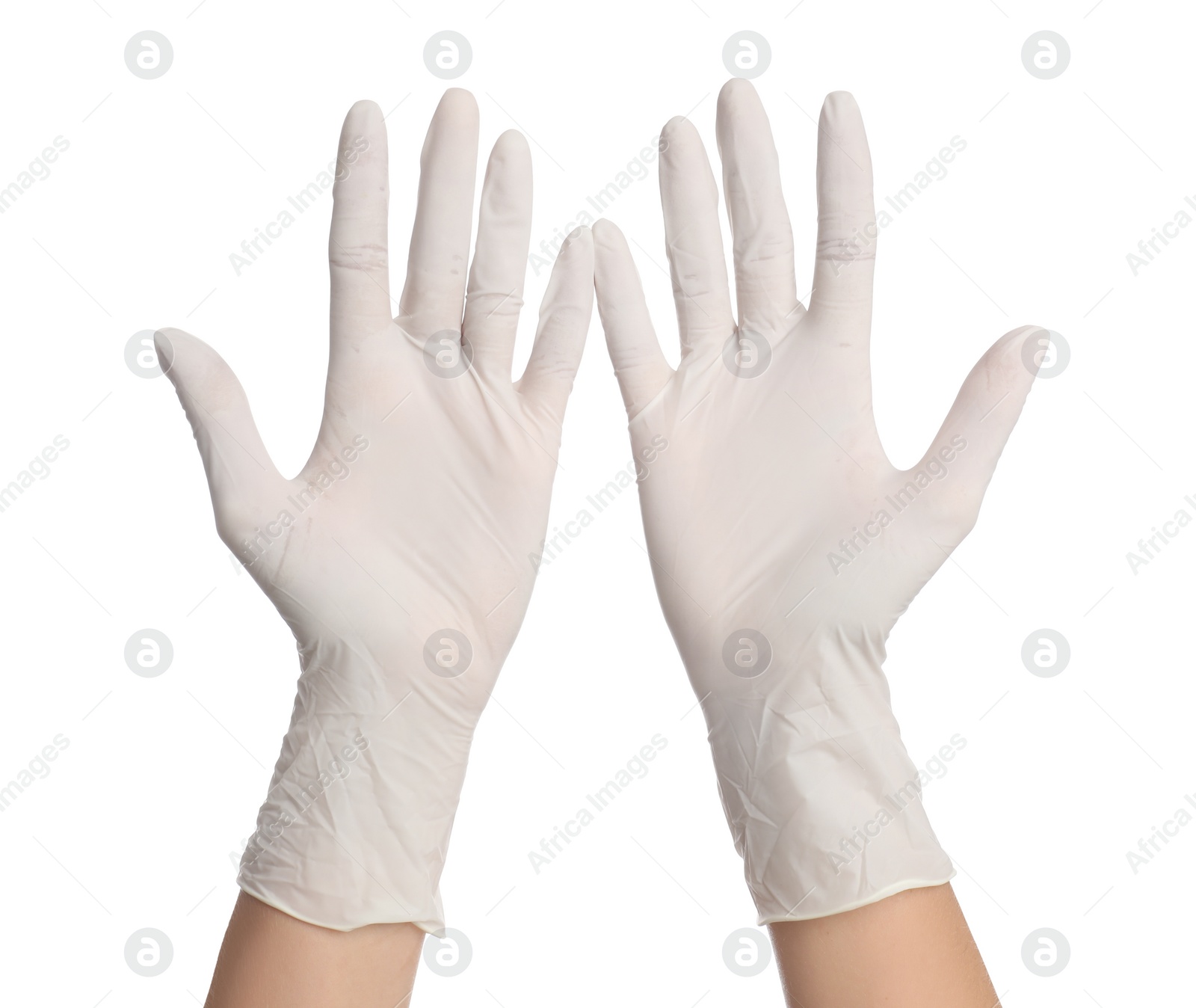 Photo of Doctor wearing medical gloves on white background, closeup