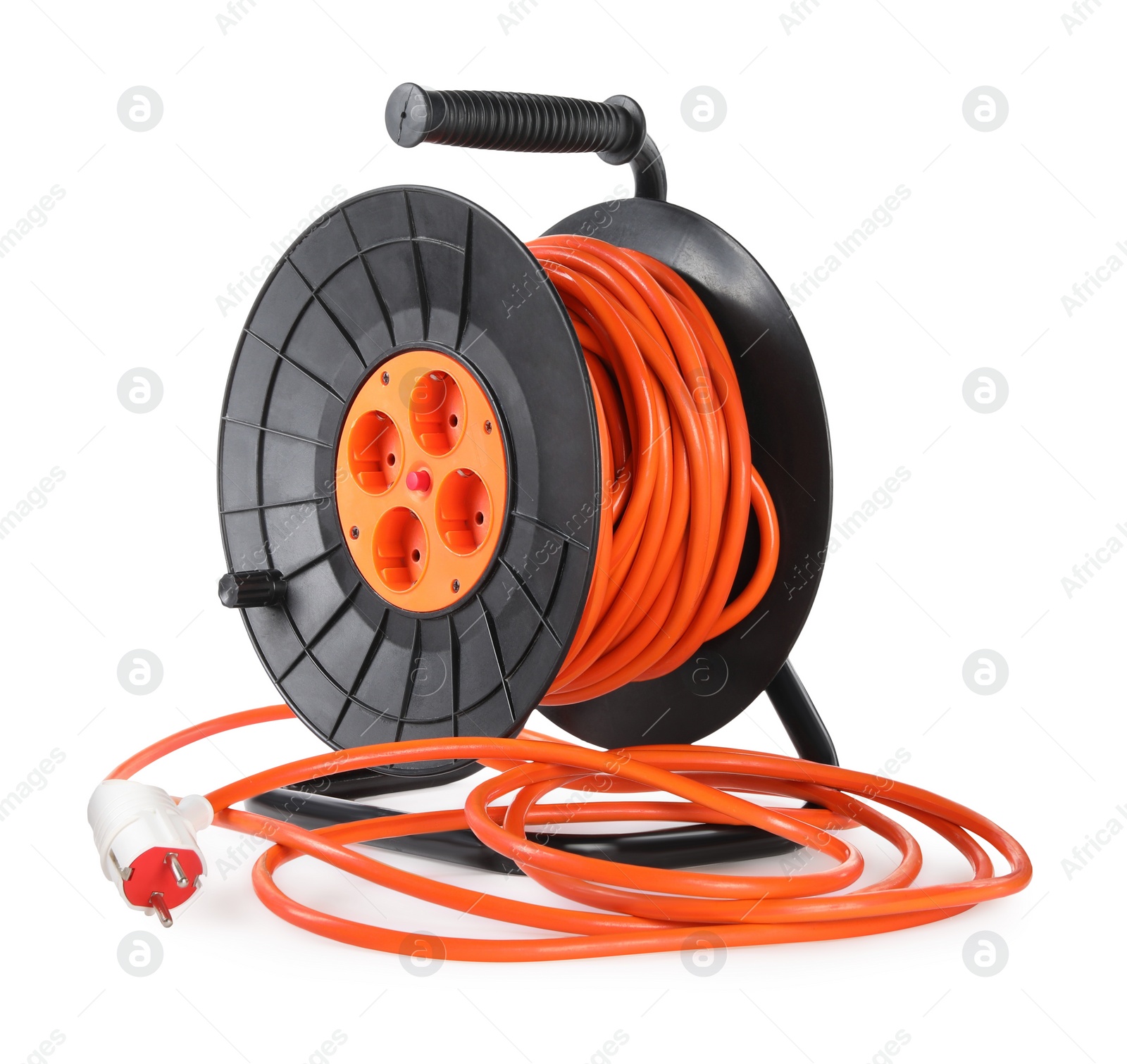 Photo of Extension cord reel on white background. Electrician's equipment